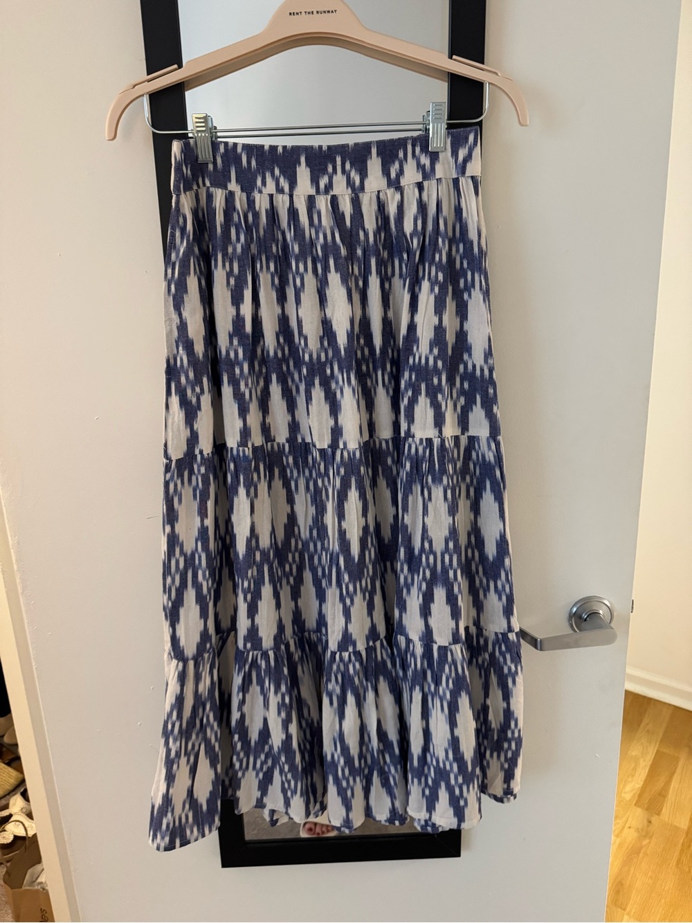 Marea Navy and White Tiered Ikat Maxi Skirt